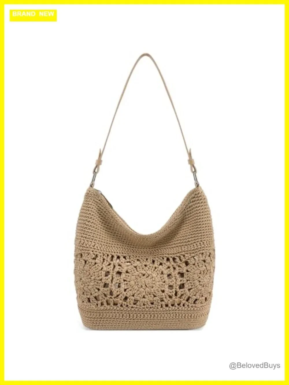 Crochet Hobo Bag with Leather Strap Woven Boho Shoulder Purse